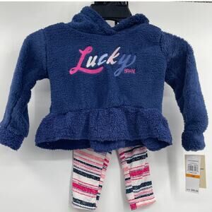 Lucky Brand Blue Ruffle Sweater Multicolored Leggings 2 pc set 12 months NEW